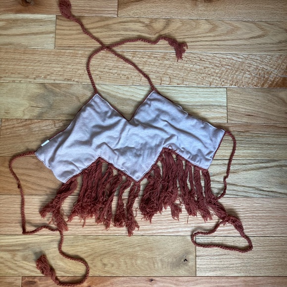 Hippie California Crochet Bohemian Rust/Sage/Cream Crop Tie Top S - Picture 6 of 9